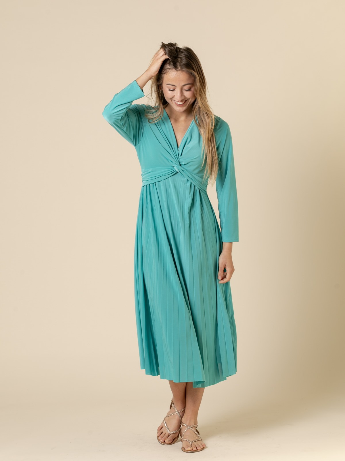 Woman Trendy crossed and pleated comfort dress  Aquacolour