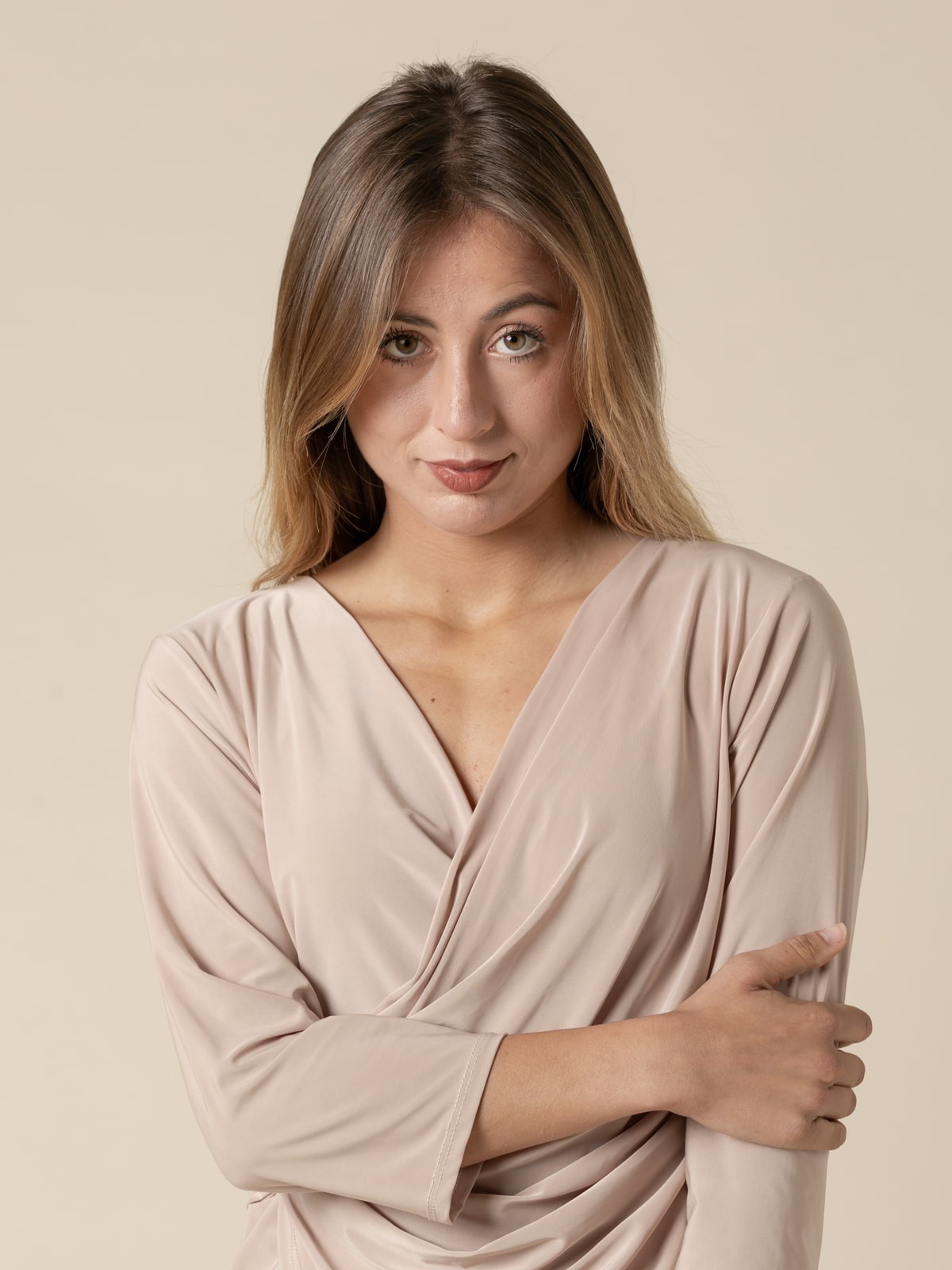 Woman Elbow-length sleeve plain draped T-shirt  Beigecolour