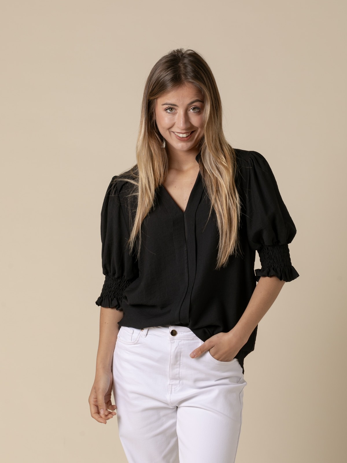 Woman High V-neck shirt with elastic sleeves  Blackcolour