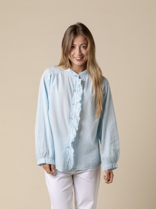 Blusa cotton voile detalle volante color Azul Claro