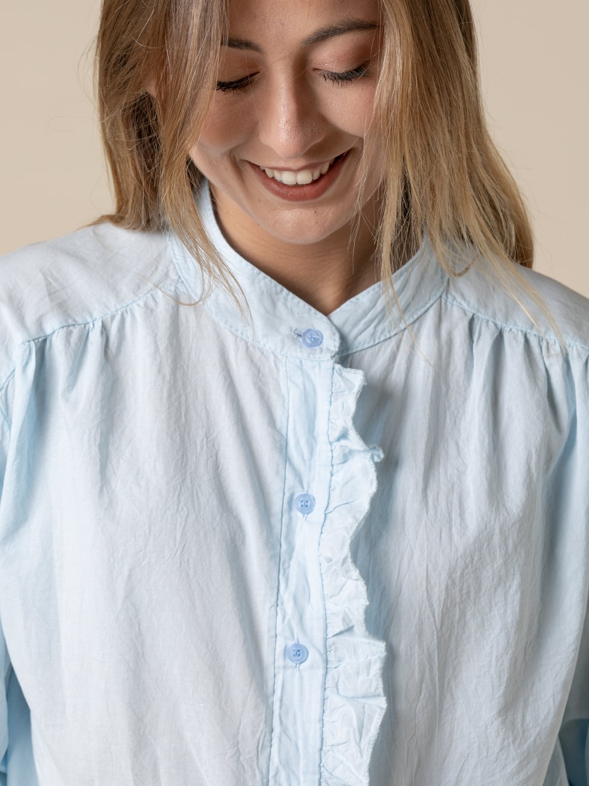 Woman Cotton voile blouse with ruffle detail  Blue Clarocolour