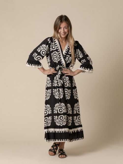 Woman Long printed wrap dress  Blackcolour