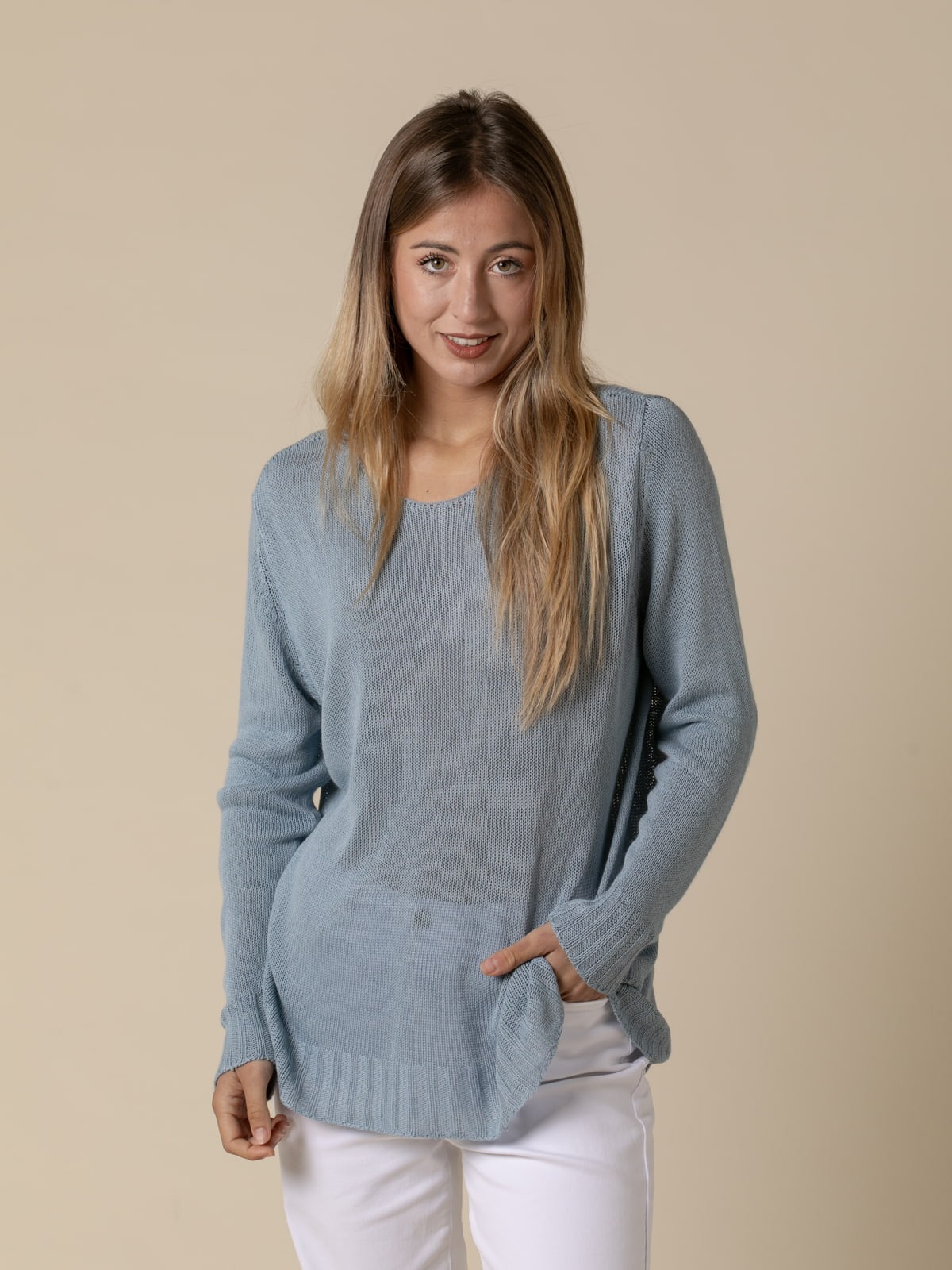 Inés flowy sweater with detail on the hem  Aqua colour