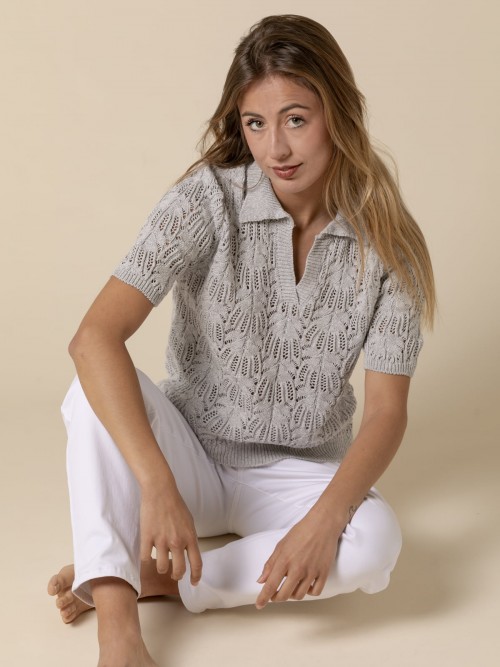 Woman Short sleeve crochet polo shirt  Greycolour
