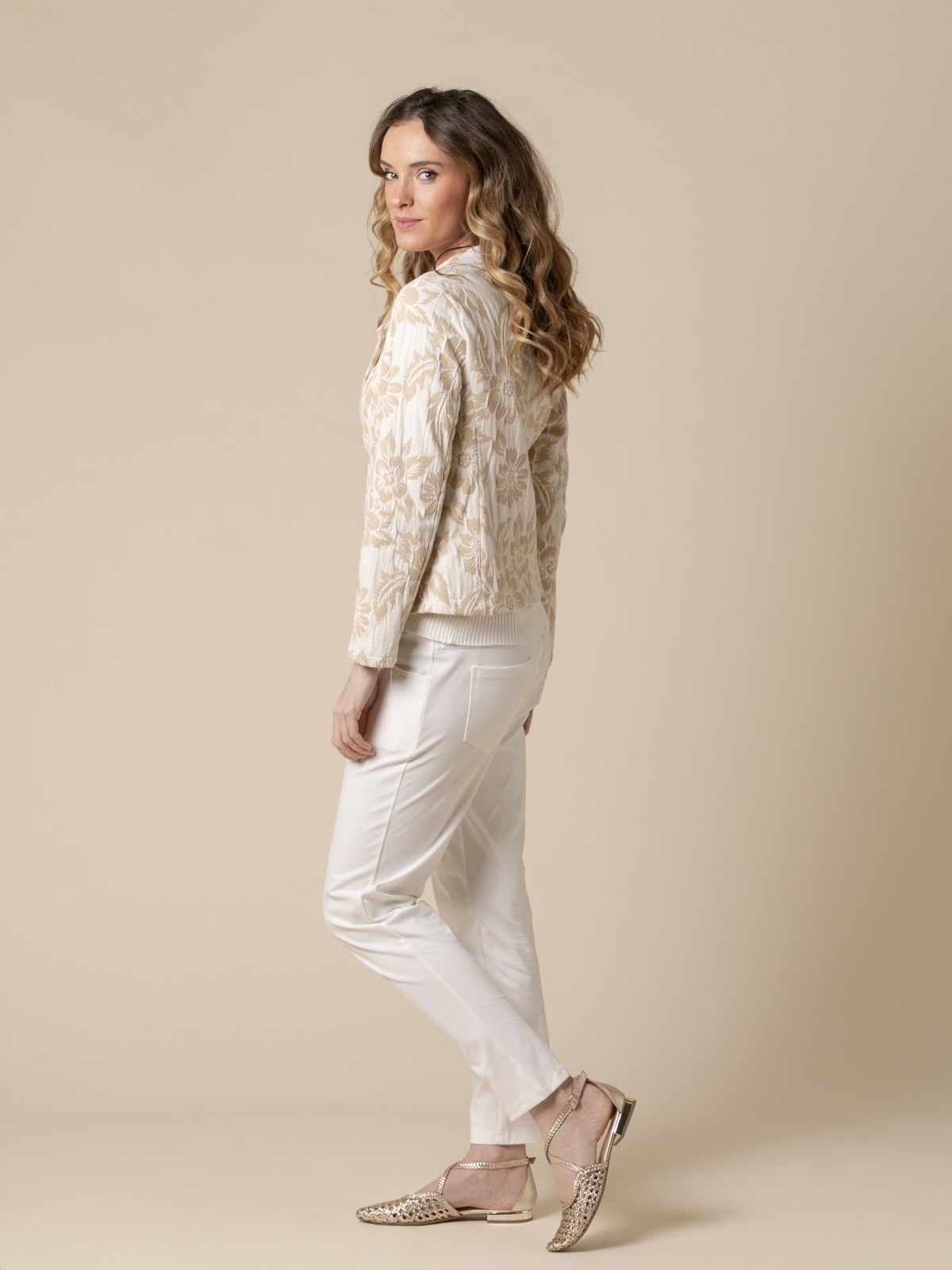 Woman Flower embroidered jacket  Camelcolour