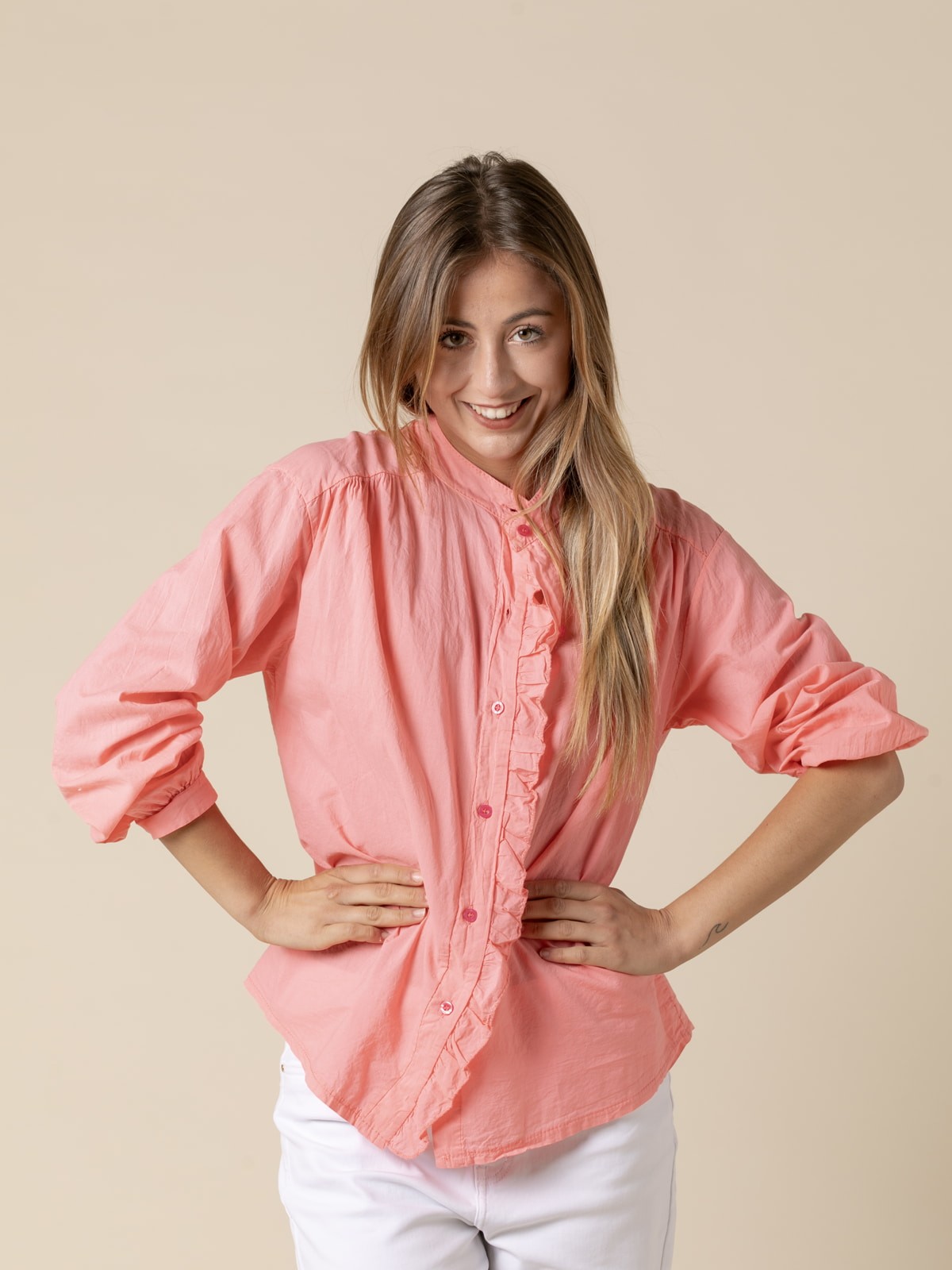 Woman Cotton voile blouse with ruffle detail  pomelocolour