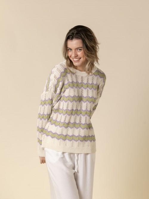 Woman Two-tone wave cotton sweater  Greencolour
