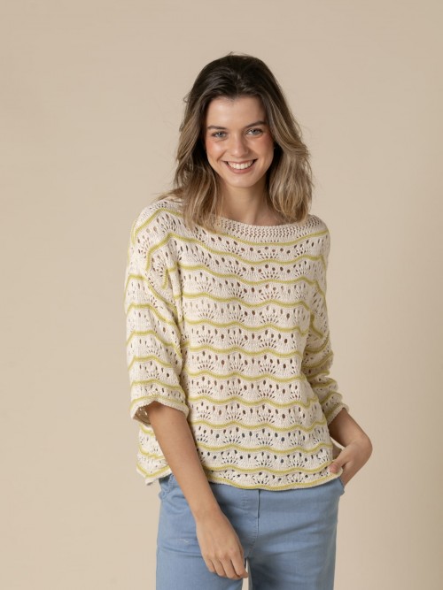 Woman Wave-embossed printed jumper with boat neckline  Greencolour