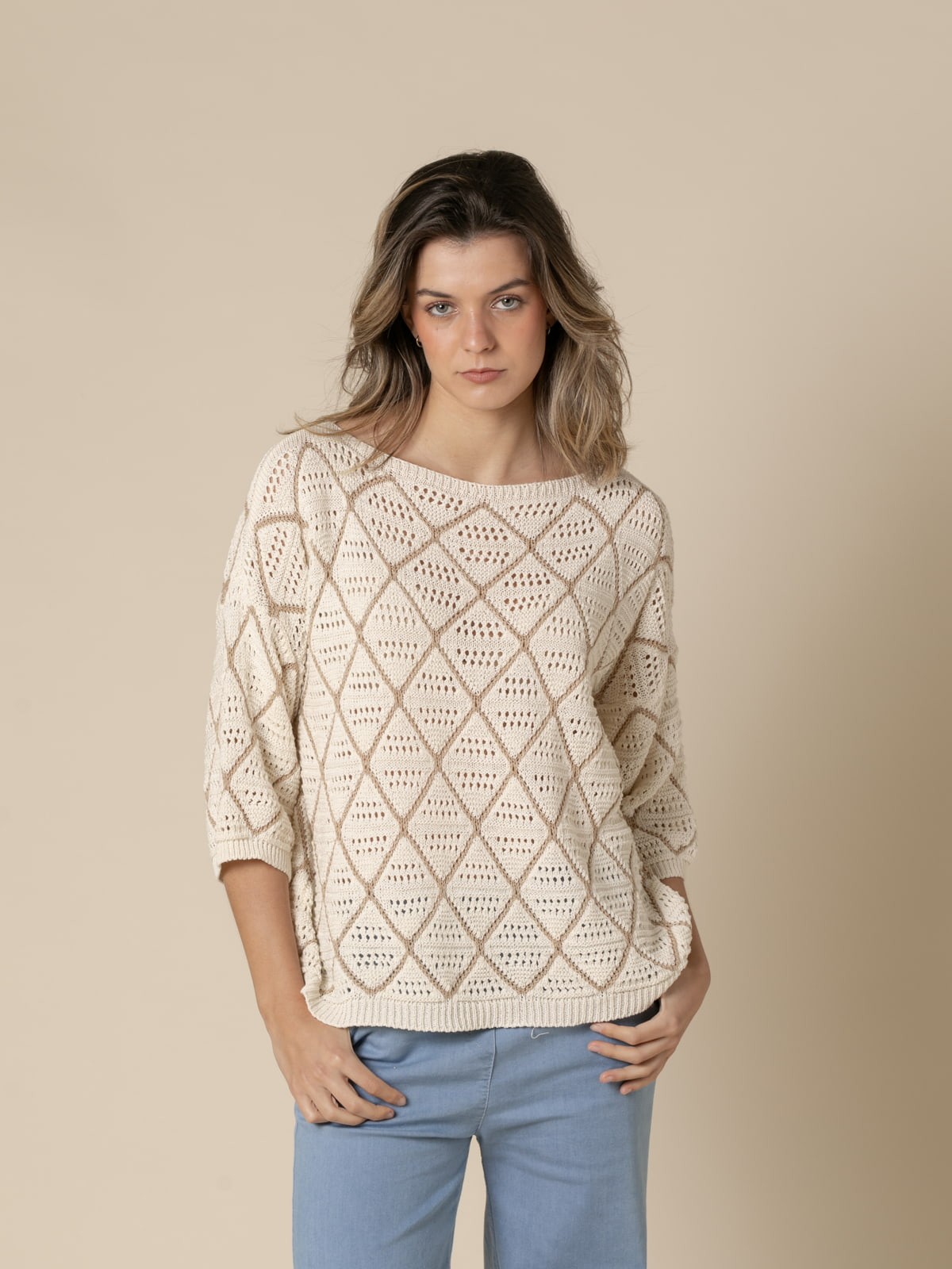 Woman Sweater with white rhombuses Camelcolour