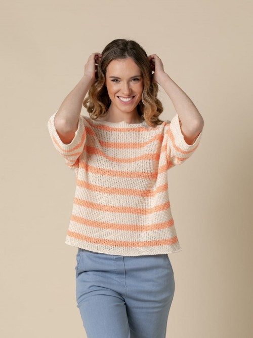 Woman Striped round neck sweater  Orangecolour