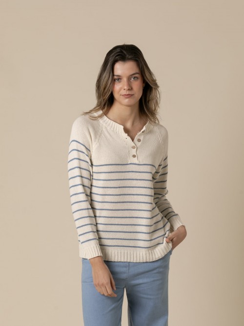 Woman 3 button striped sweater  Bluecolour