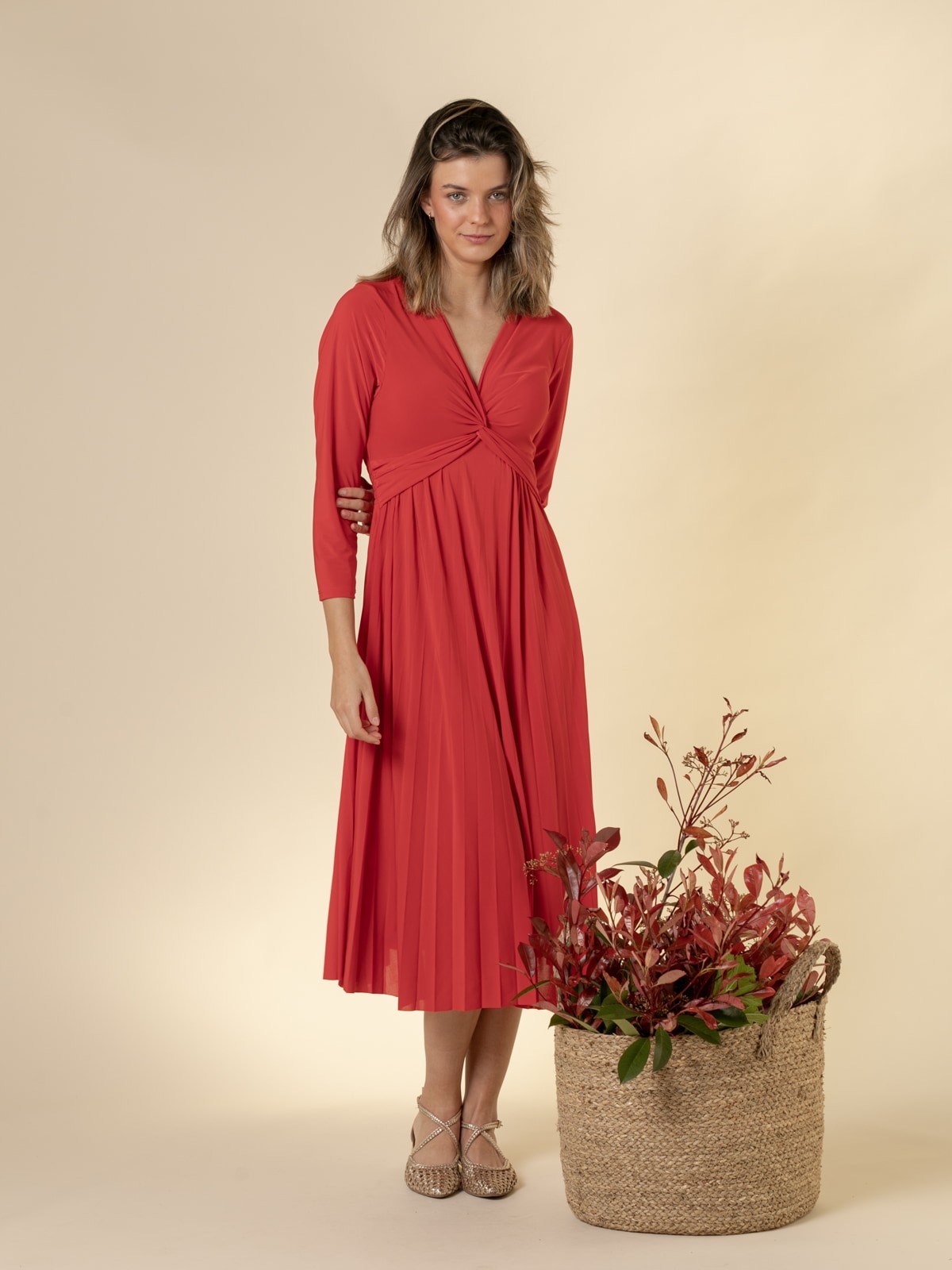 Woman Trendy crossed and pleated comfort dress  Redcolour