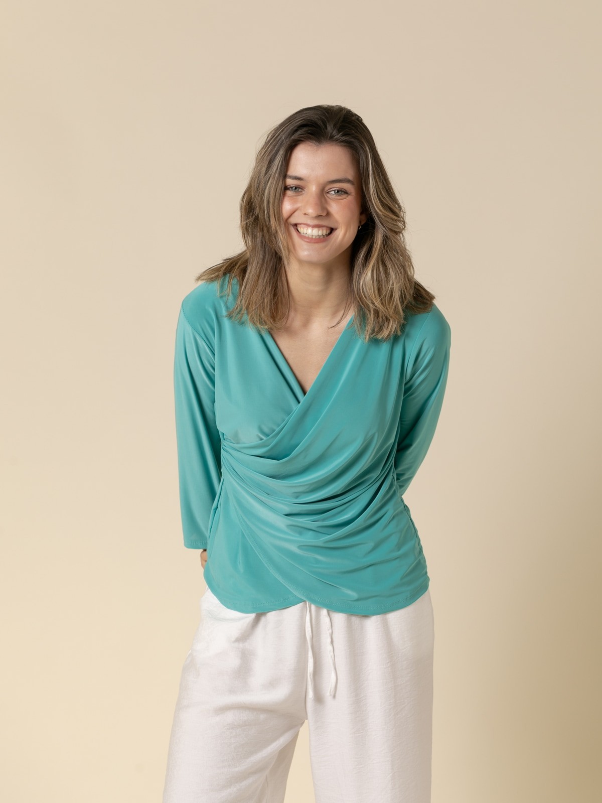 Woman Elbow-length sleeve plain draped T-shirt  Aquacolour