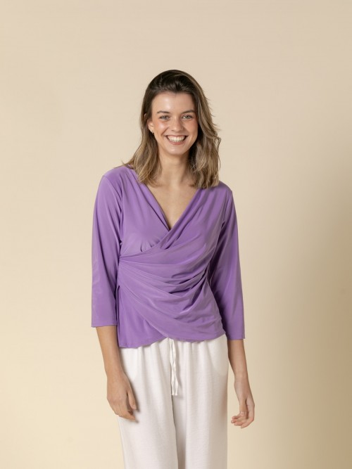 Woman Elbow-length sleeve plain draped T-shirt  Violetcolour