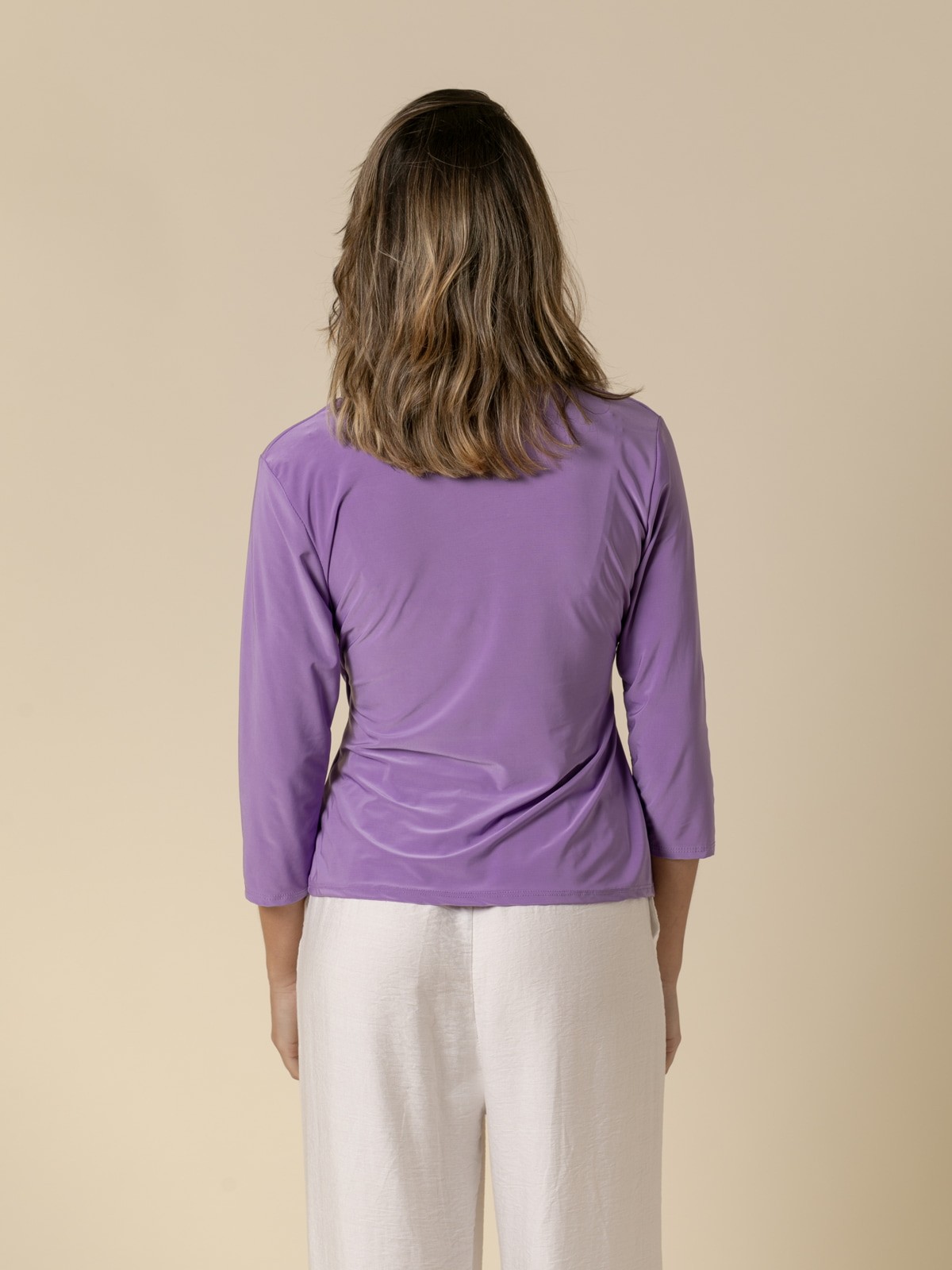 Camiseta drapeada lisa manga al codo color Violeta