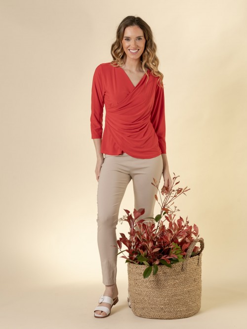 Woman Elbow-length sleeve plain draped T-shirt  Redcolour