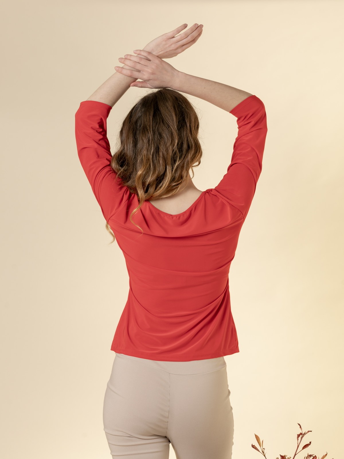Woman Elbow-length sleeve plain draped T-shirt  Redcolour