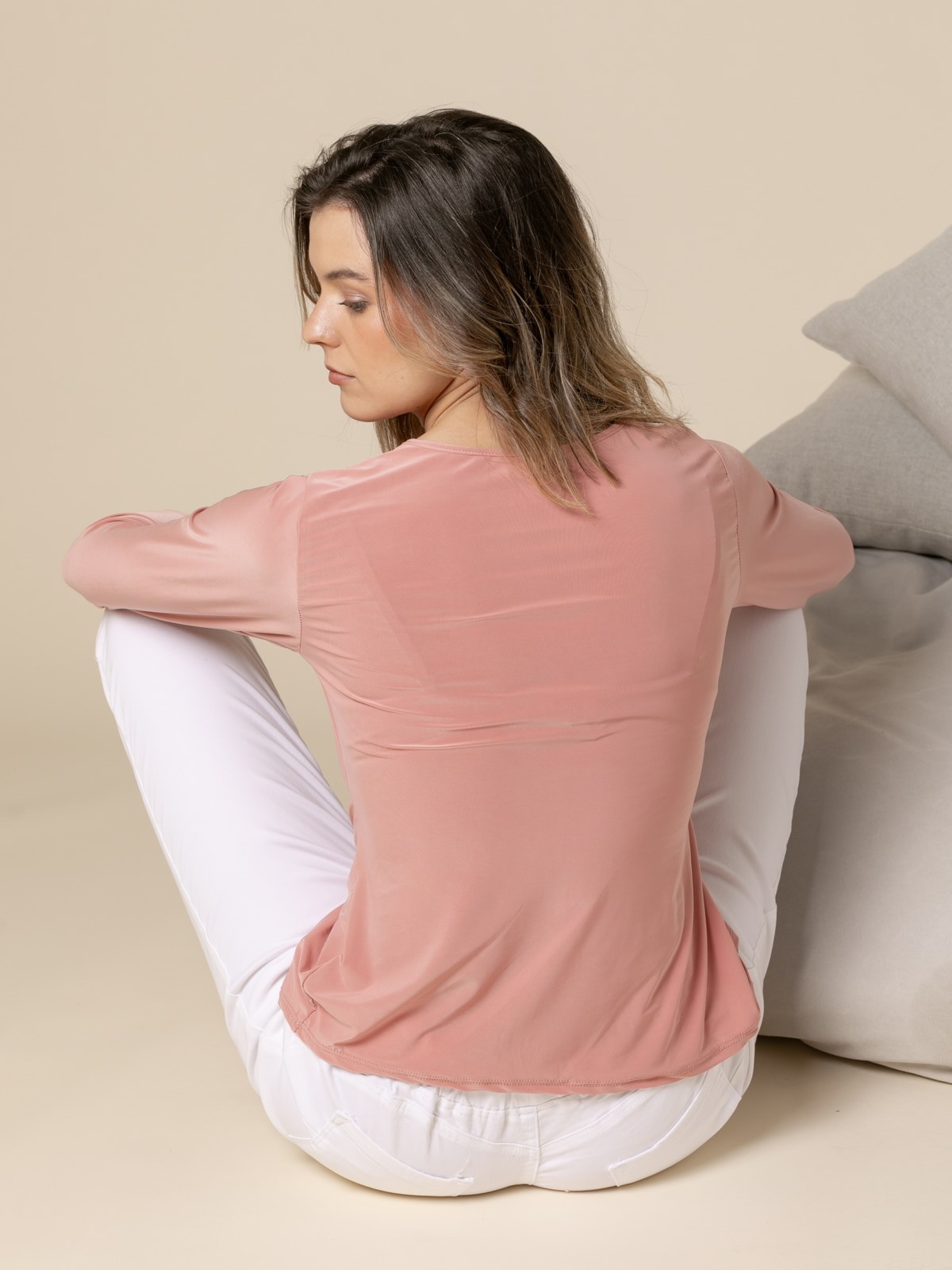 Camiseta drapeada lisa manga al codo color Rosa