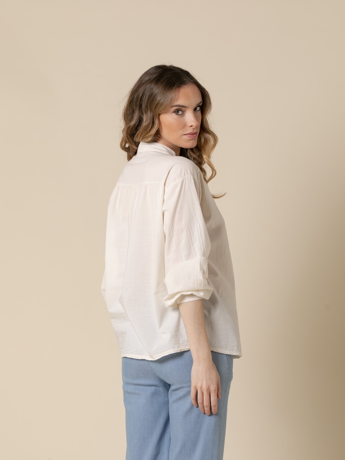 Woman Cotton voile blouse with ruffle detail  Crudocolour