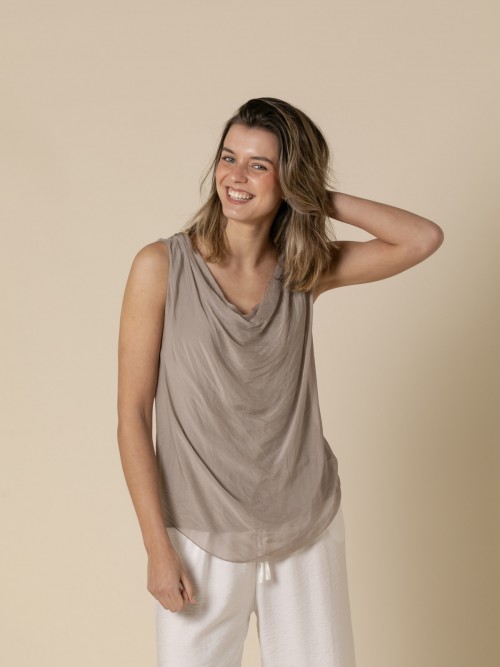 Woman Flowy top with draped neckline  Taupecolour