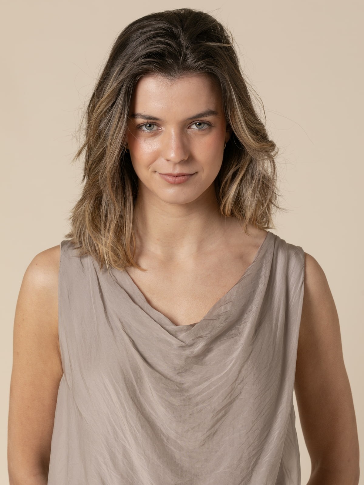 Woman Flowy top with draped neckline  Taupecolour