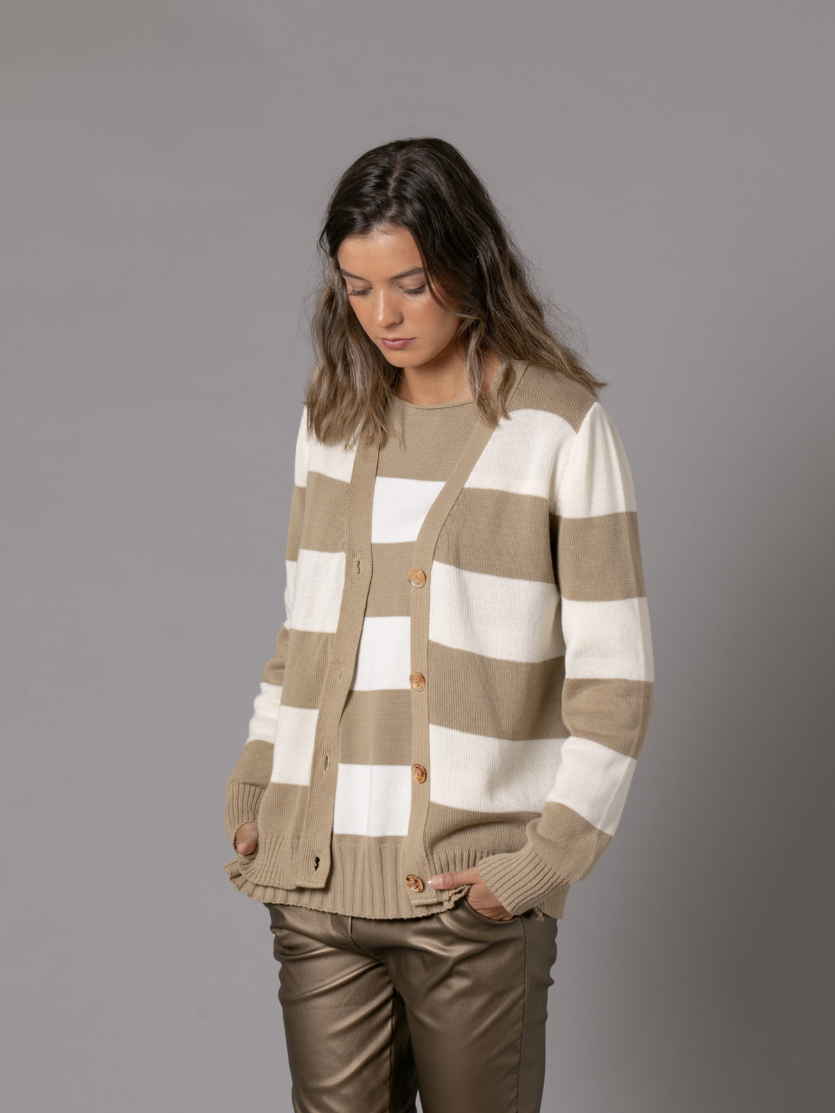 Criss-striped 100% cotton jacket  Beige colour
