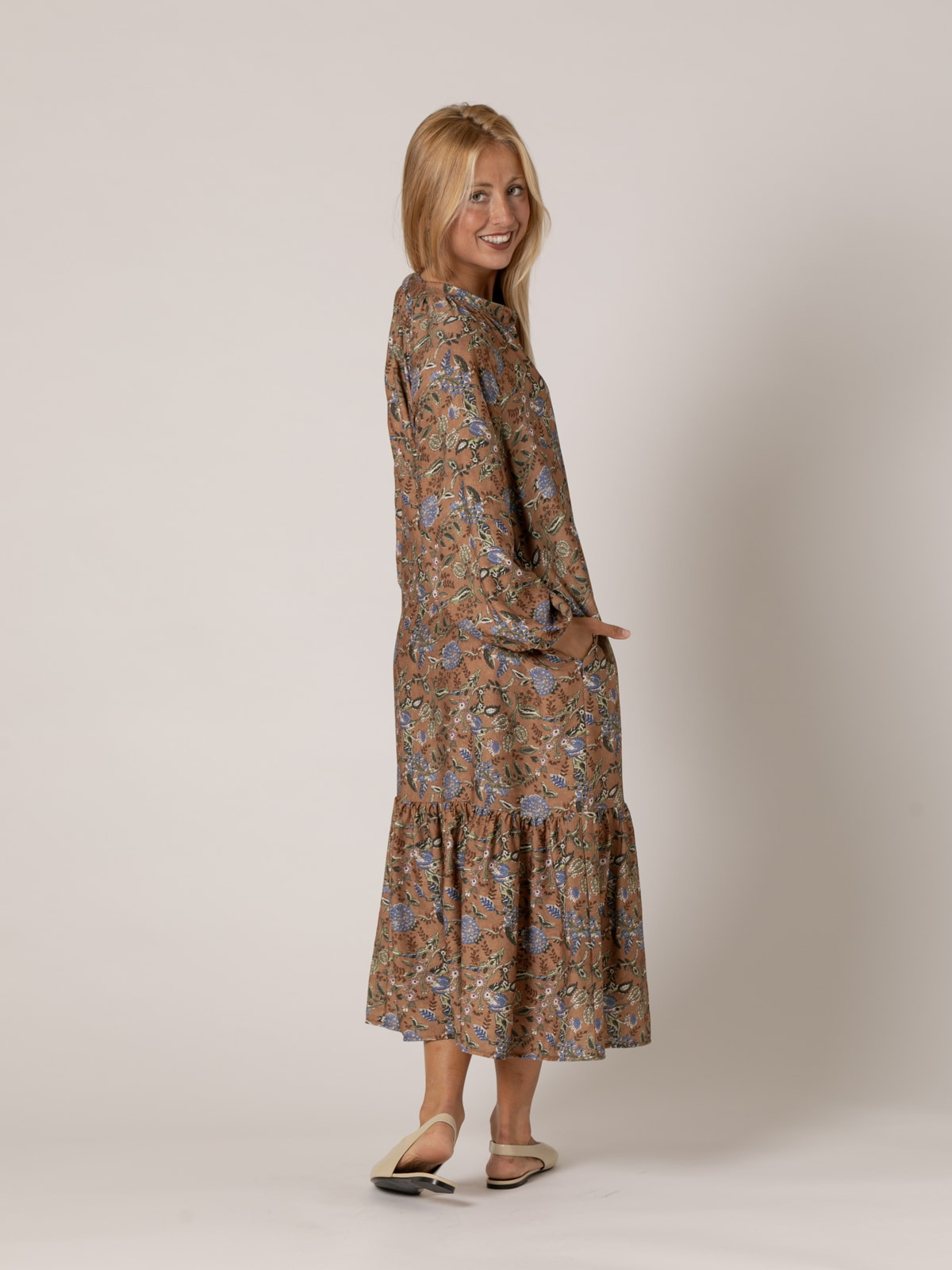Long ruffle dress underneath  Camel colour