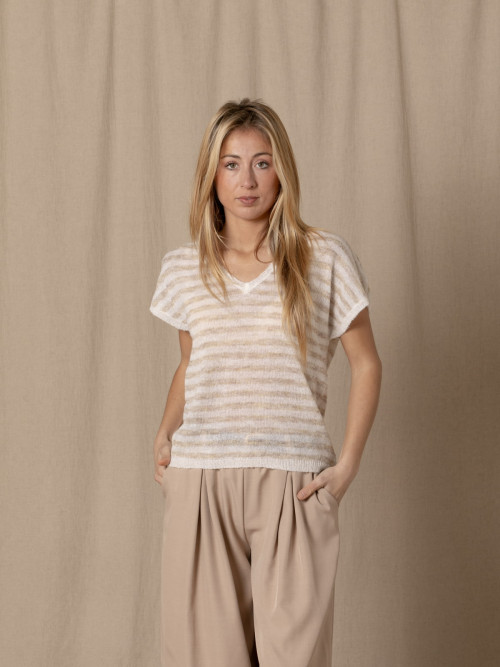 Soft striped jersey with V-neck  Beige colour