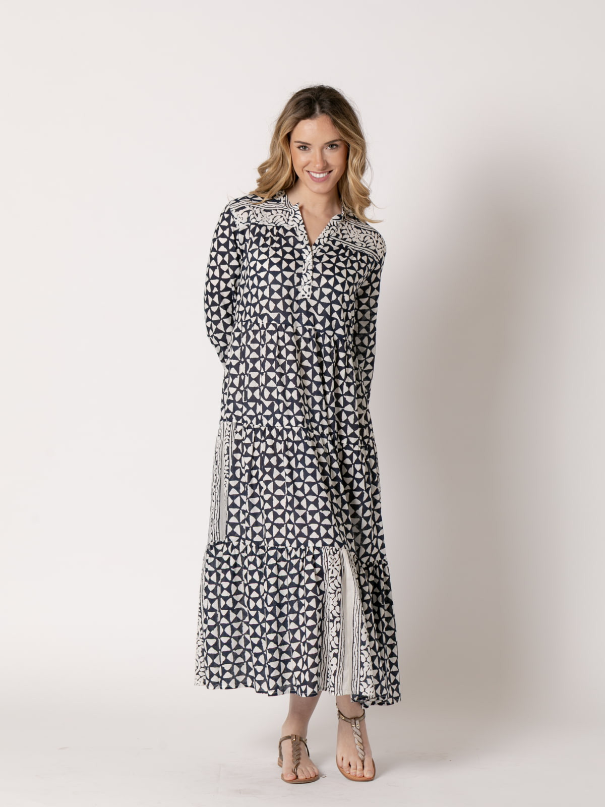Printed V-neck dress  Blue colour