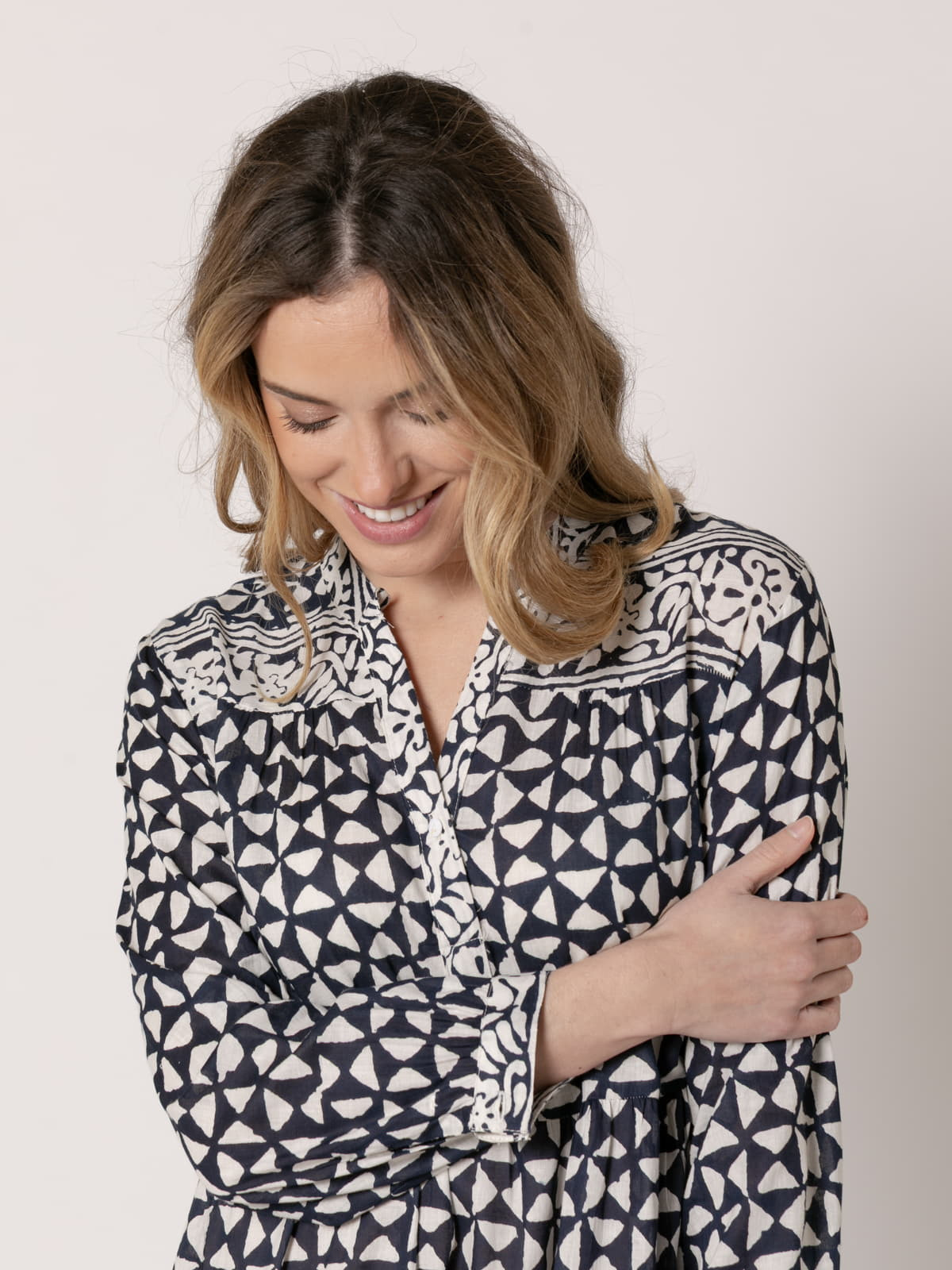 Printed V-neck dress  Blue colour