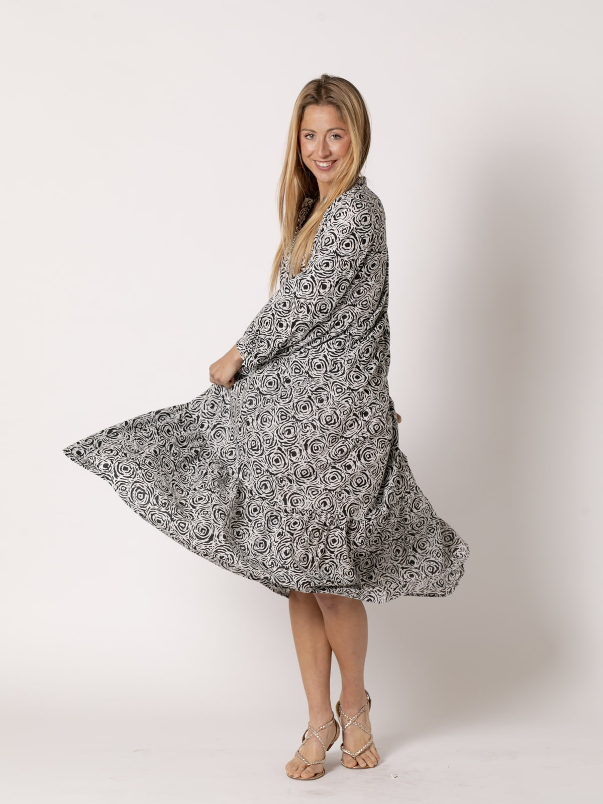 Printed V-neck dress  Black colour