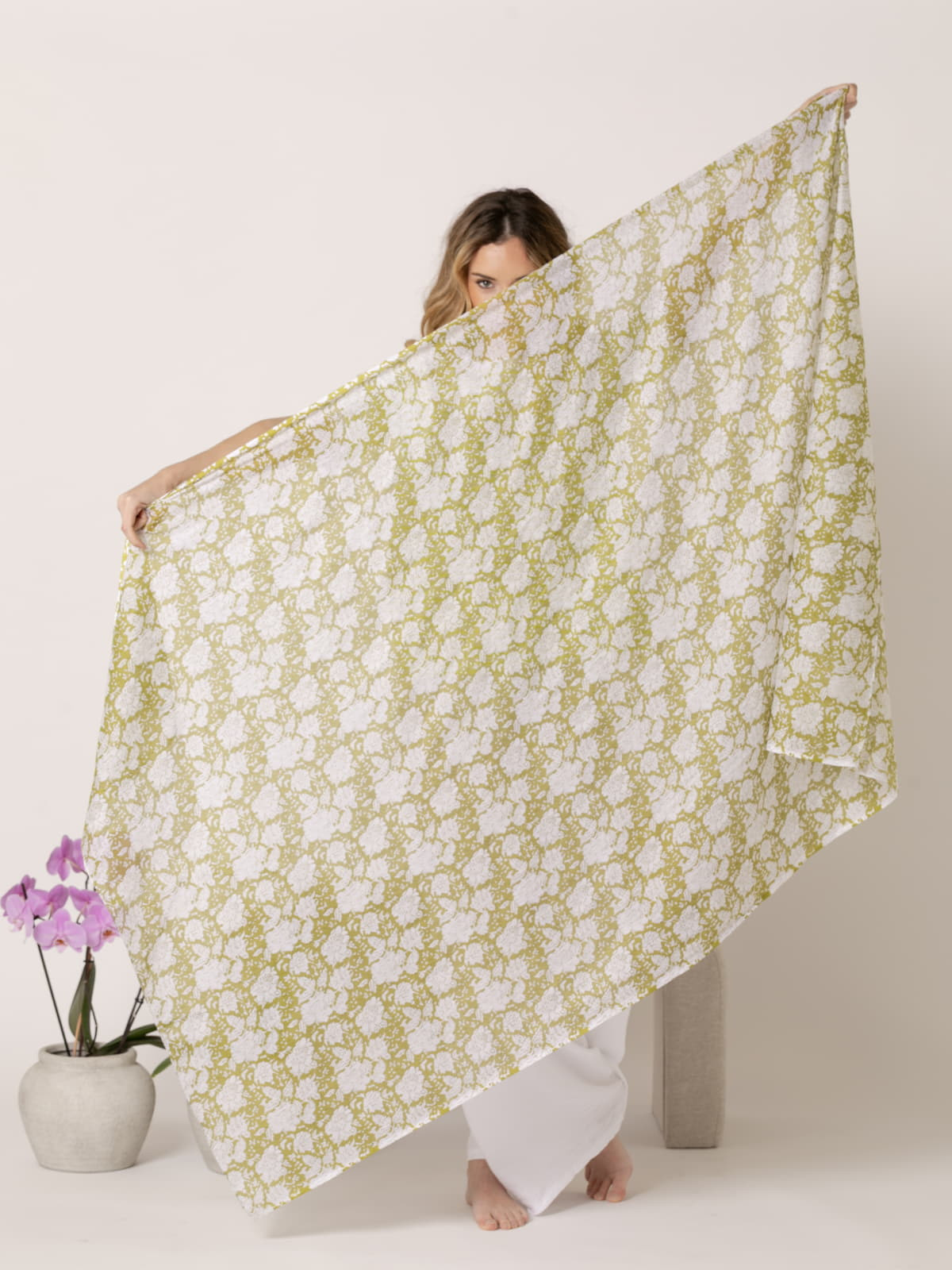 100% cotton scarf with flower design  Olive colour