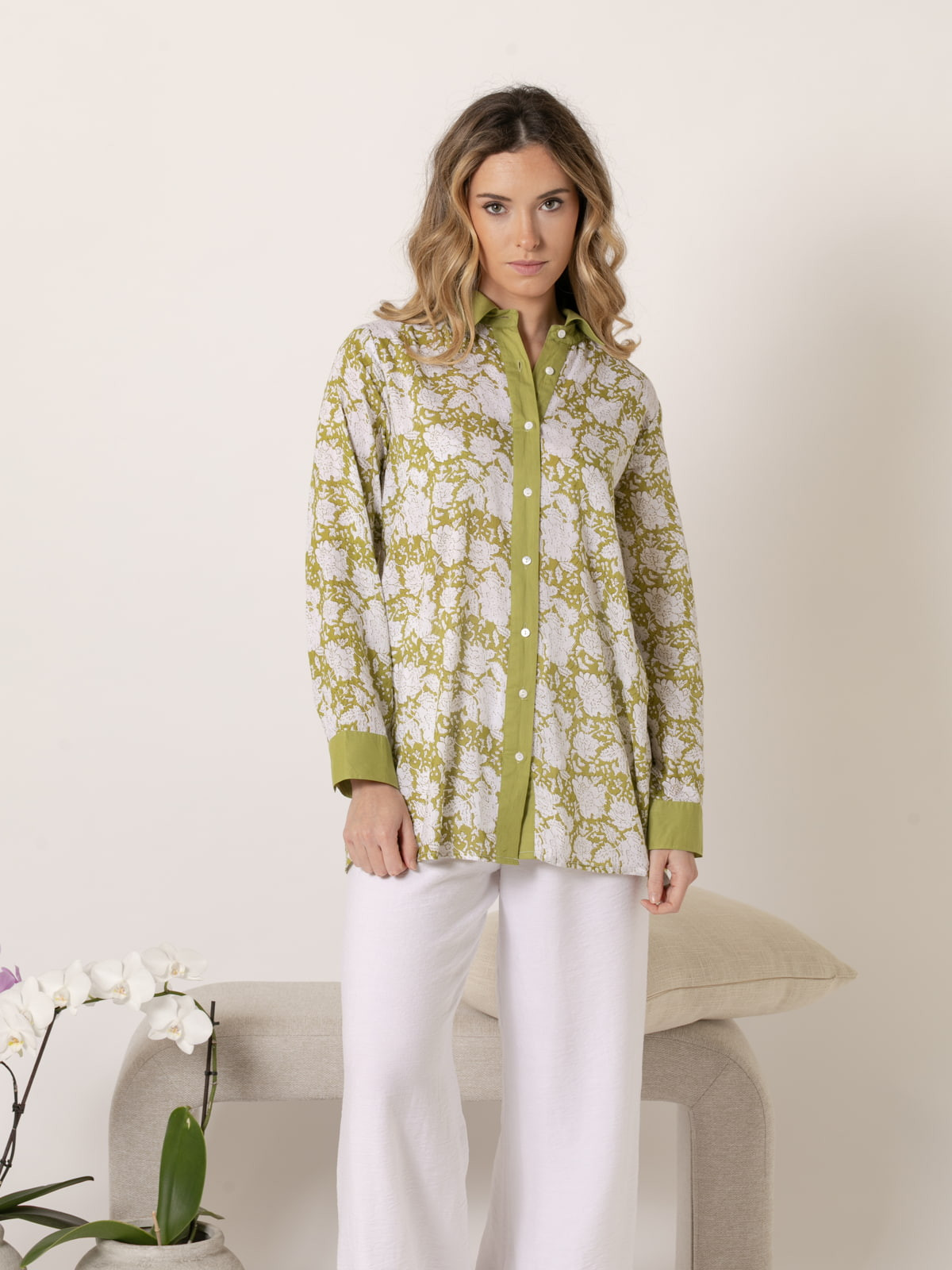 Camisa larga dibujo trendy algodón 100% color Oliva