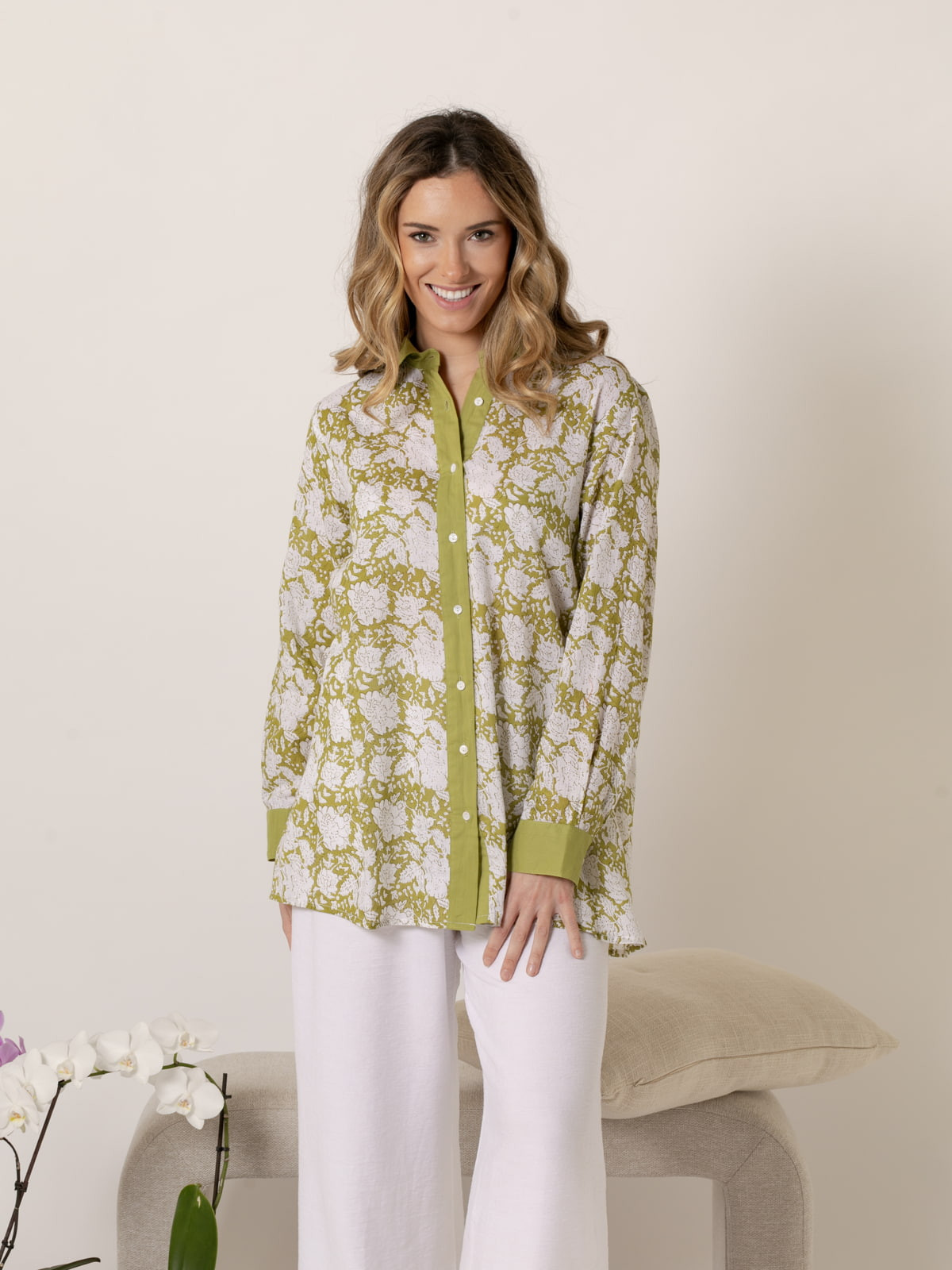 Camisa larga dibujo trendy algodón 100% color Oliva