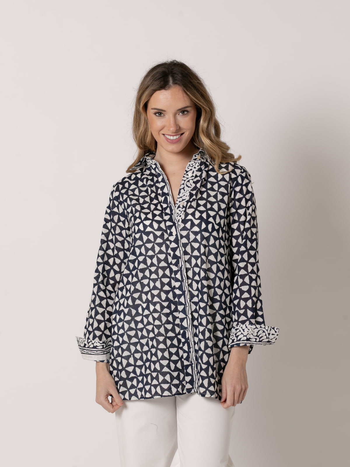 Camisa larga dibujo trendy algodón 100% color Azul Marino