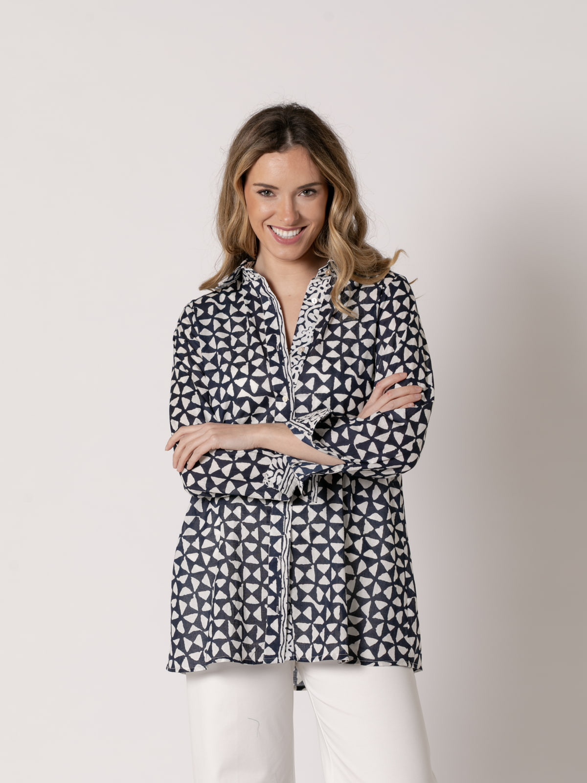 Camisa larga dibujo trendy algodón 100% color Azul Marino
