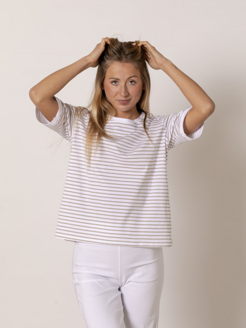 Striped T-shirt with rounded edges  Beige colour