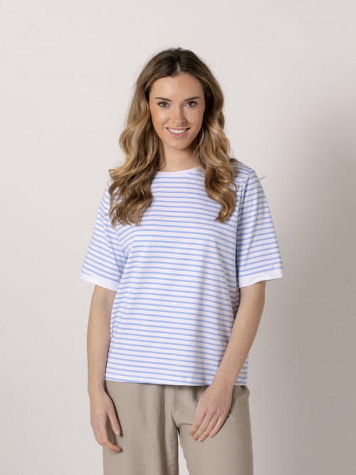 Striped T-shirt with rounded edges  Blue Celeste colour
