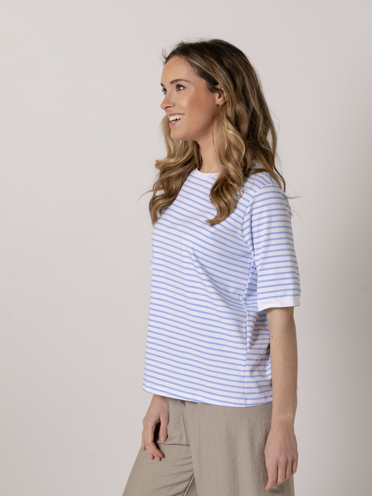 Striped T-shirt with rounded edges  Blue Celeste colour
