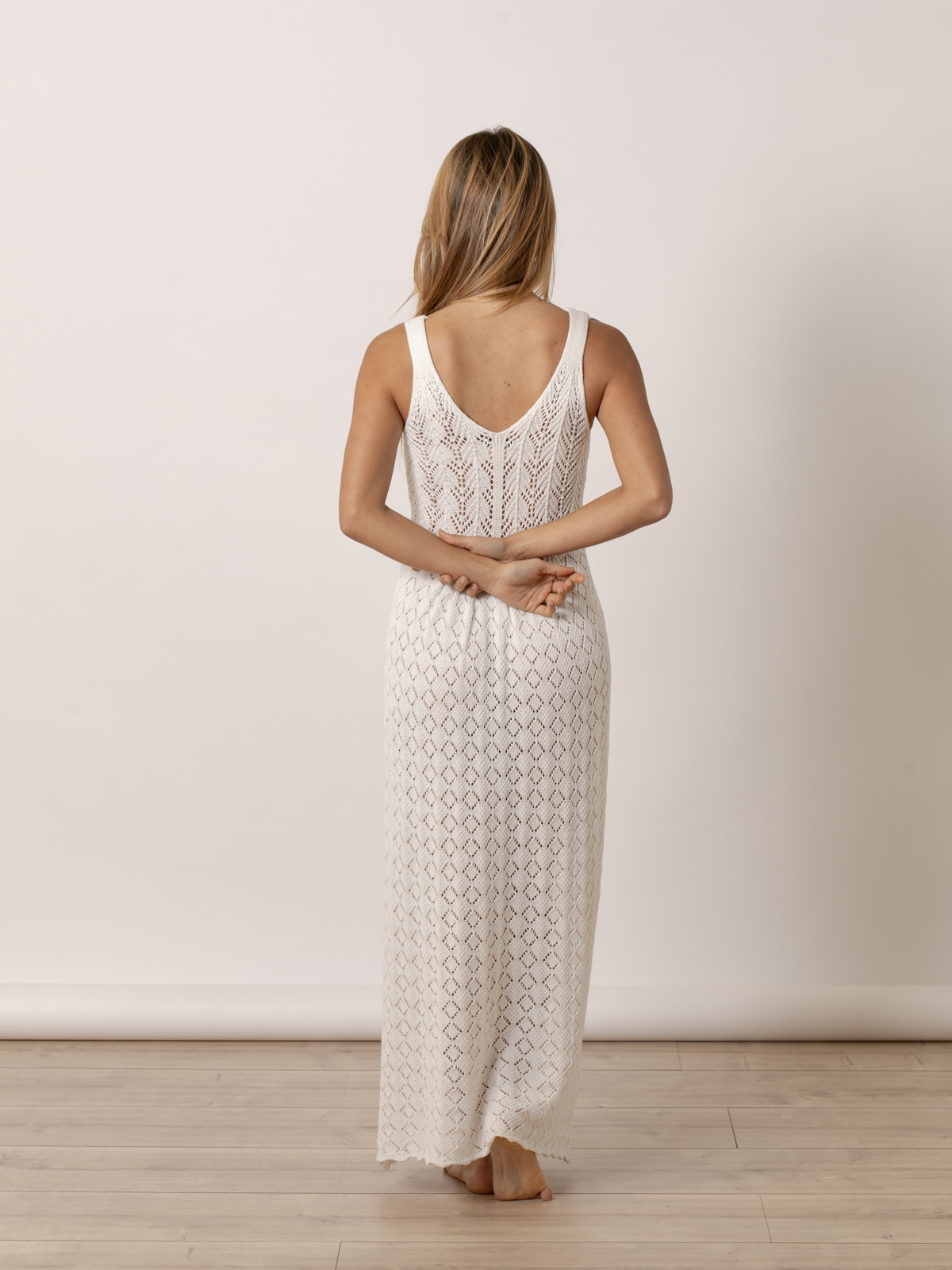 Long openwork dress, 100% cotton  White colour