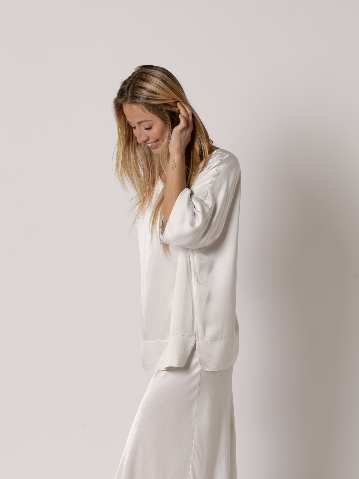Flowing vegetal satin blouse  Beige colour