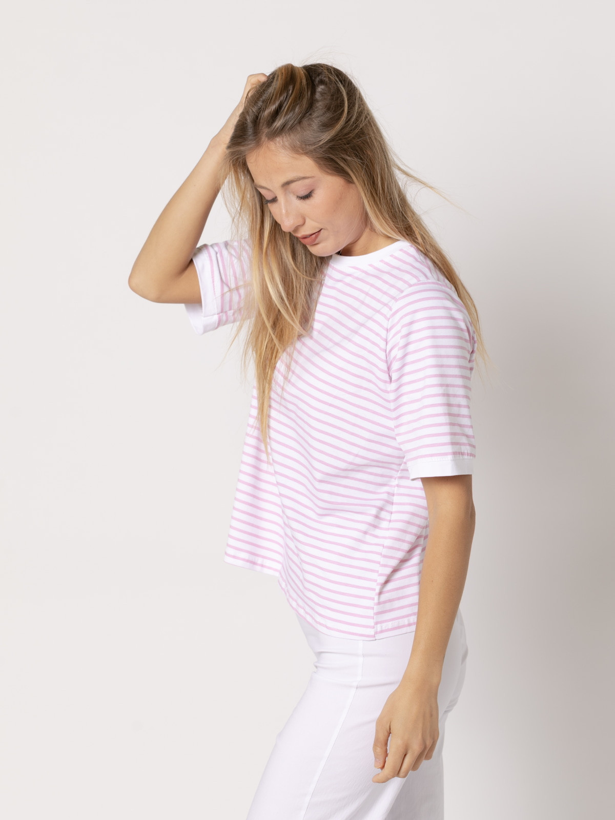 Camiseta de rayas c/redondo vivos color Rosa