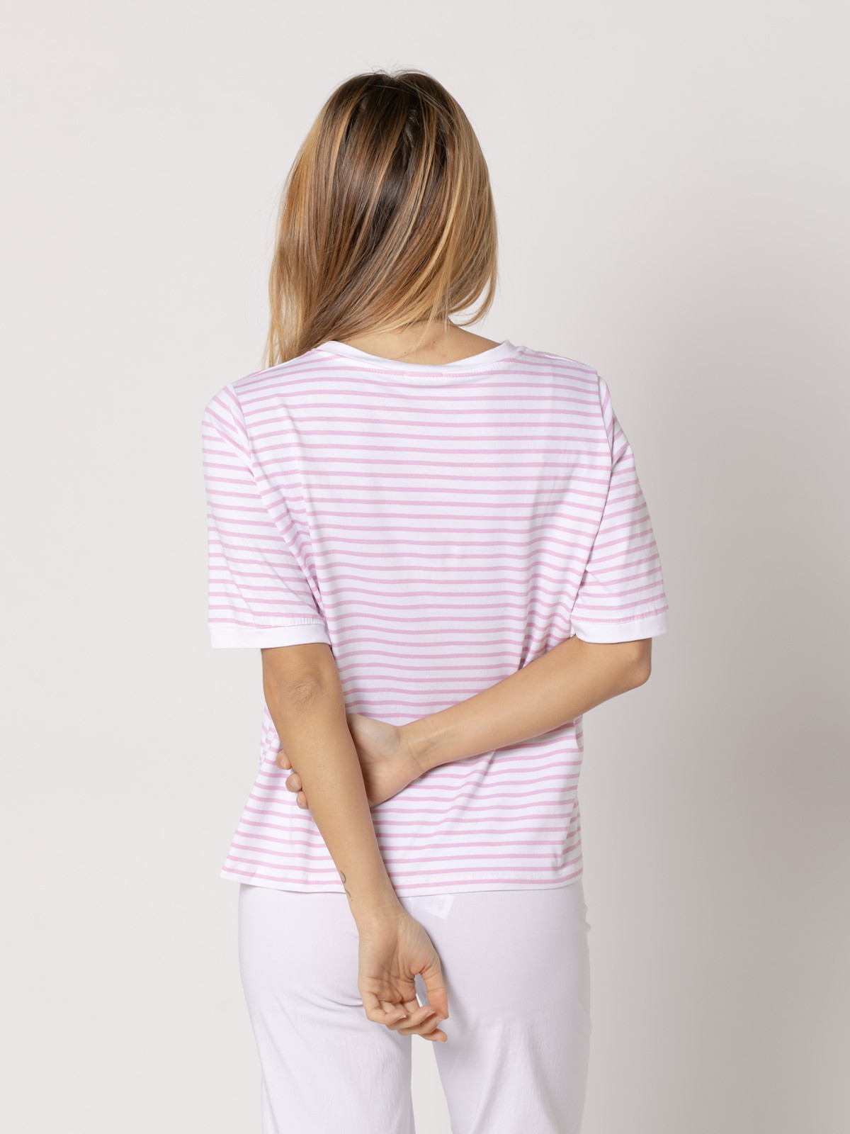 Camiseta de rayas c/redondo vivos color Rosa