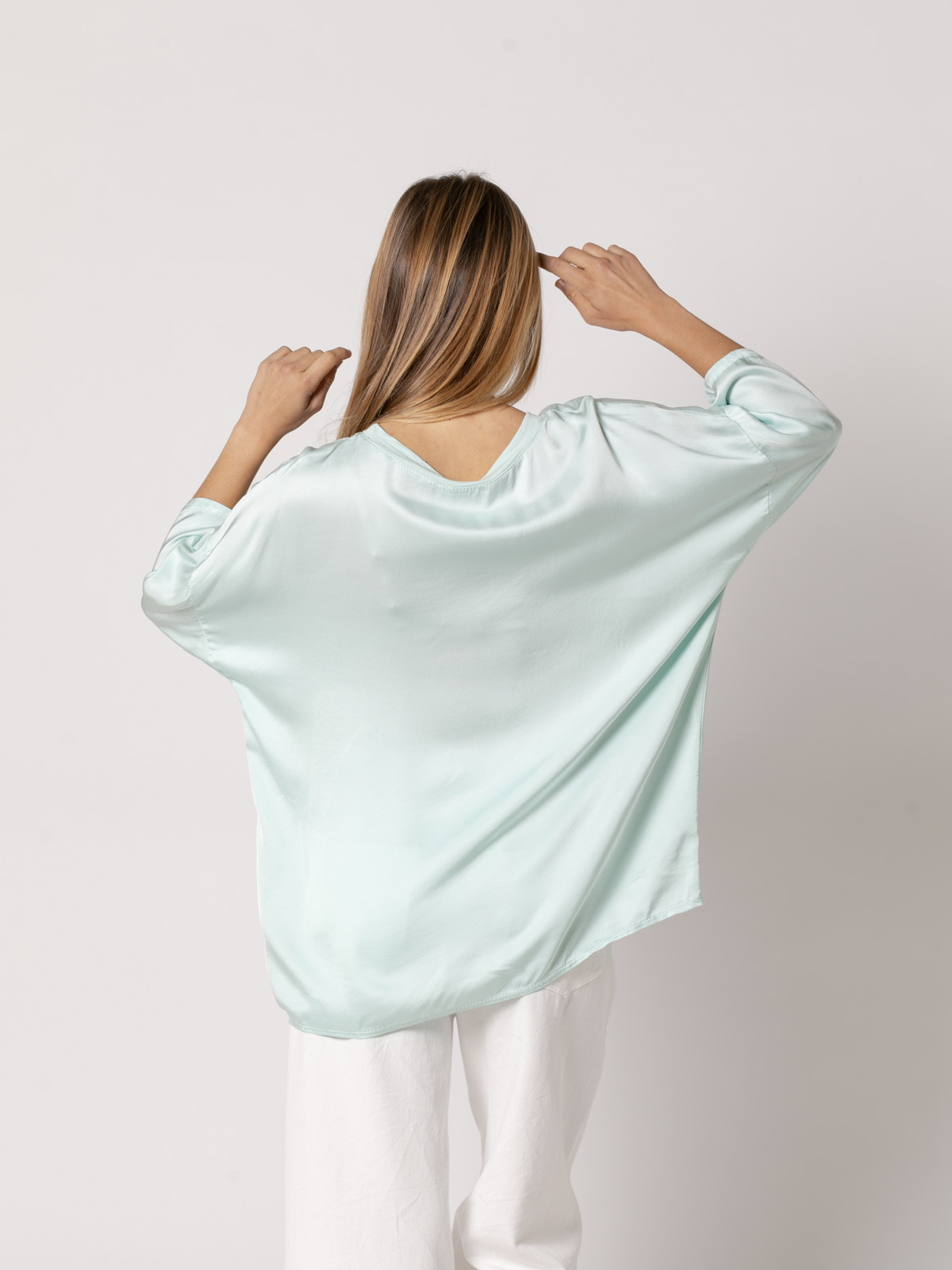 Oversized vegetable satin blouse  Aqua colour