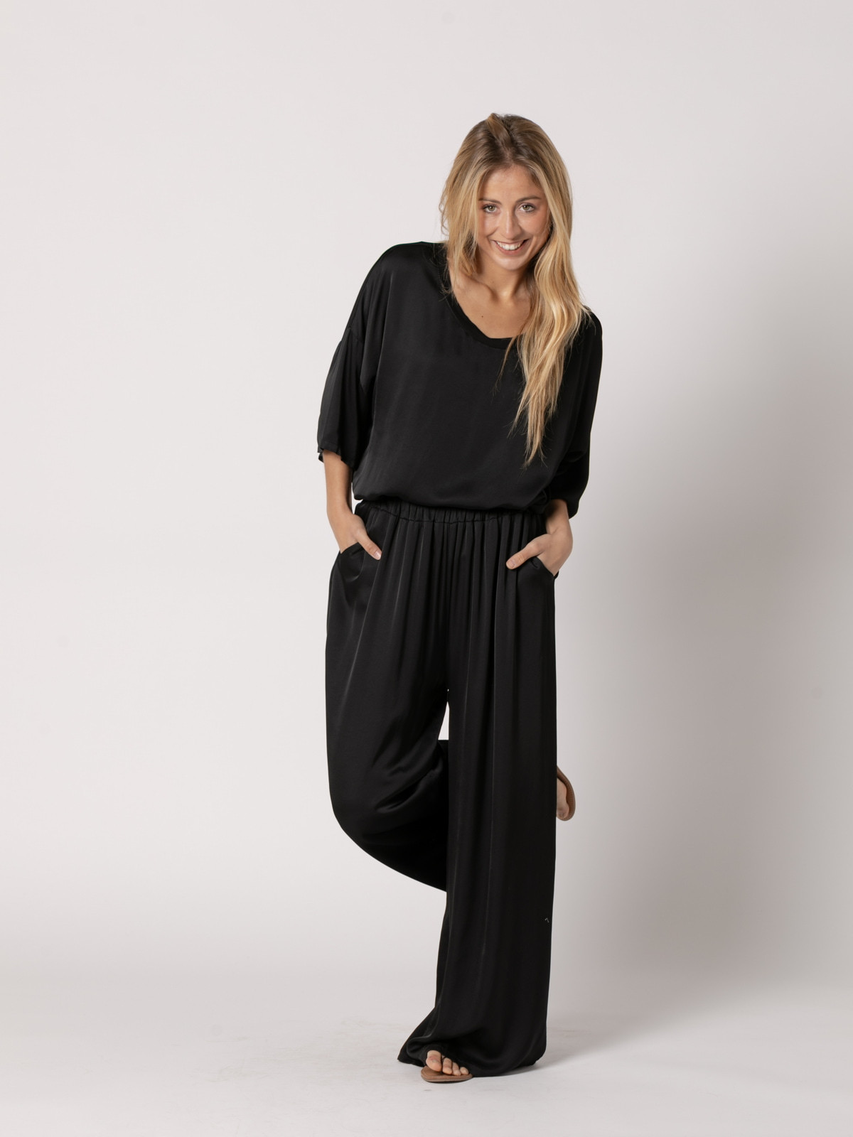 Wide vegetable satin trousers  Black colour