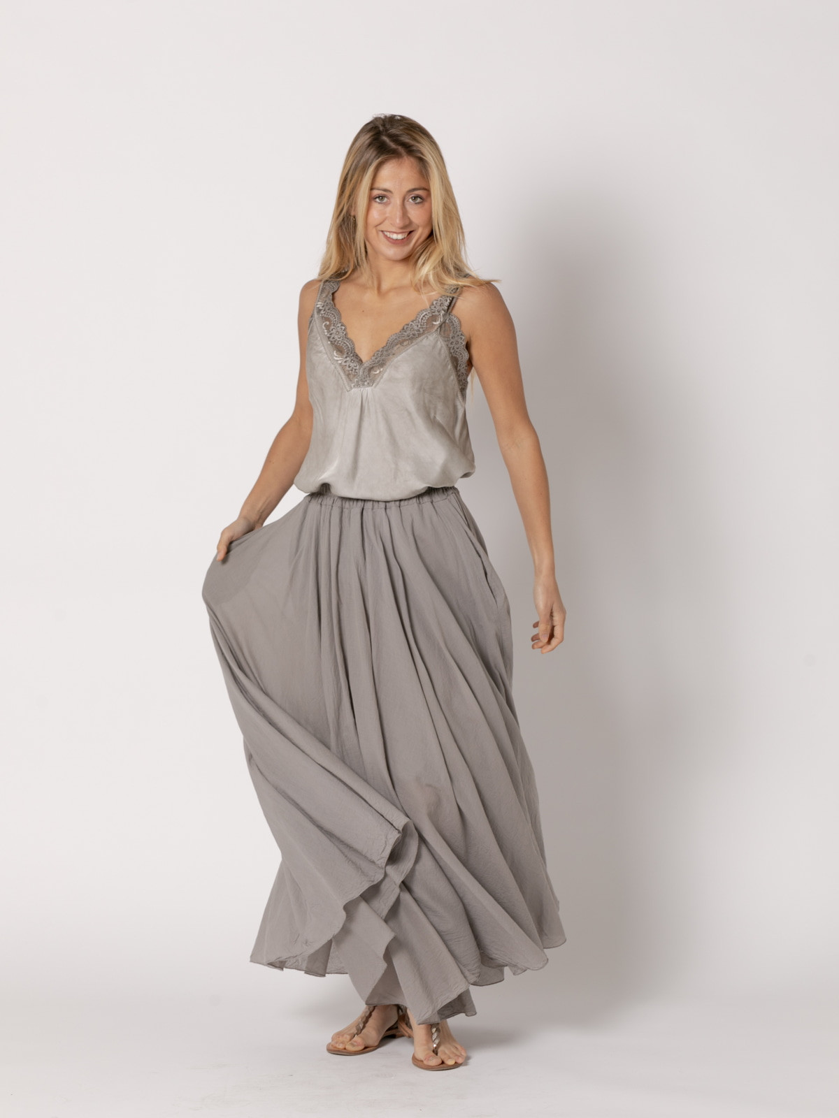 Long, full-length muslin skirt  Taupe colour