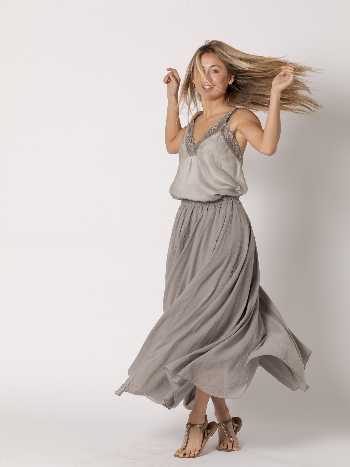 Long, full-length muslin skirt  Taupe colour