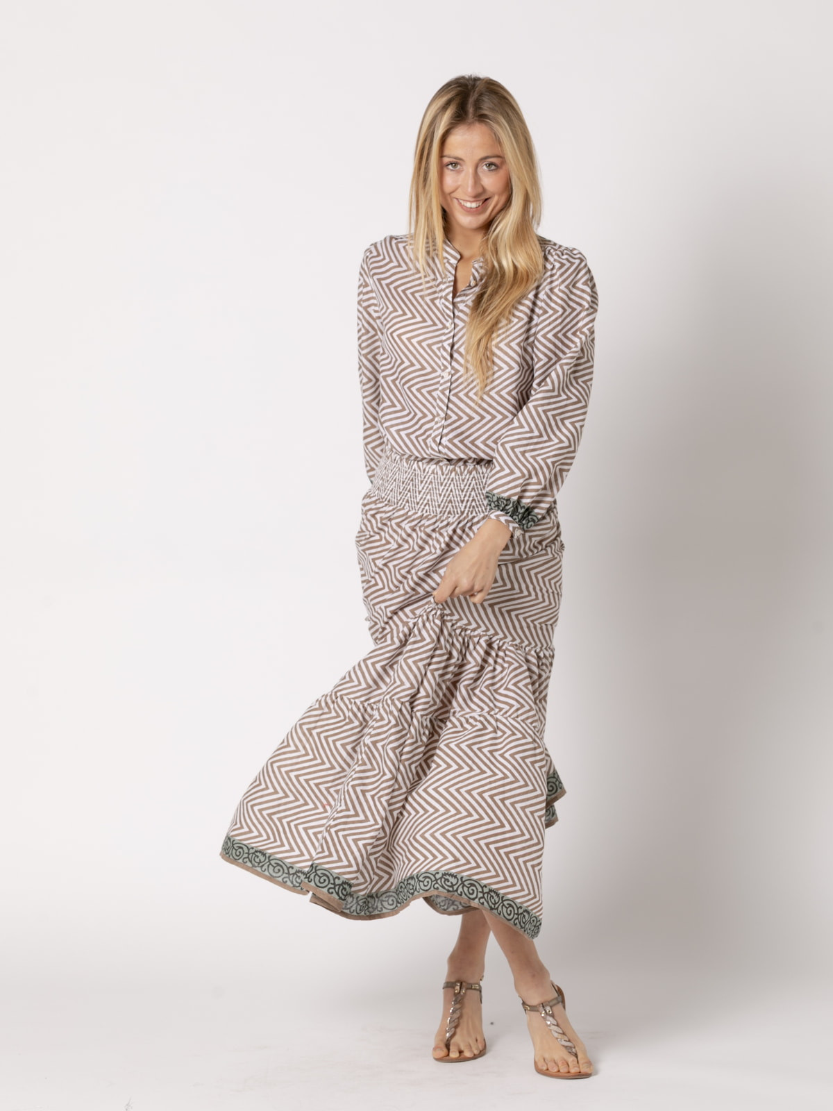 Falda larga zig zag algodón 100% color Taupe