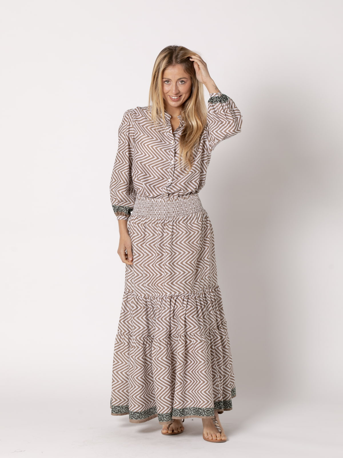 Long zigzag skirt, 100% cotton  Taupe colour