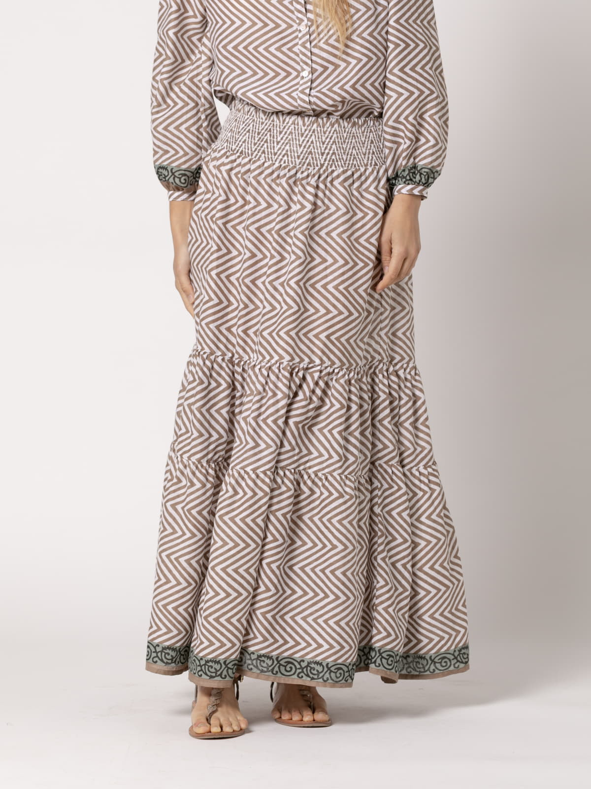 Long zigzag skirt, 100% cotton  Taupe colour